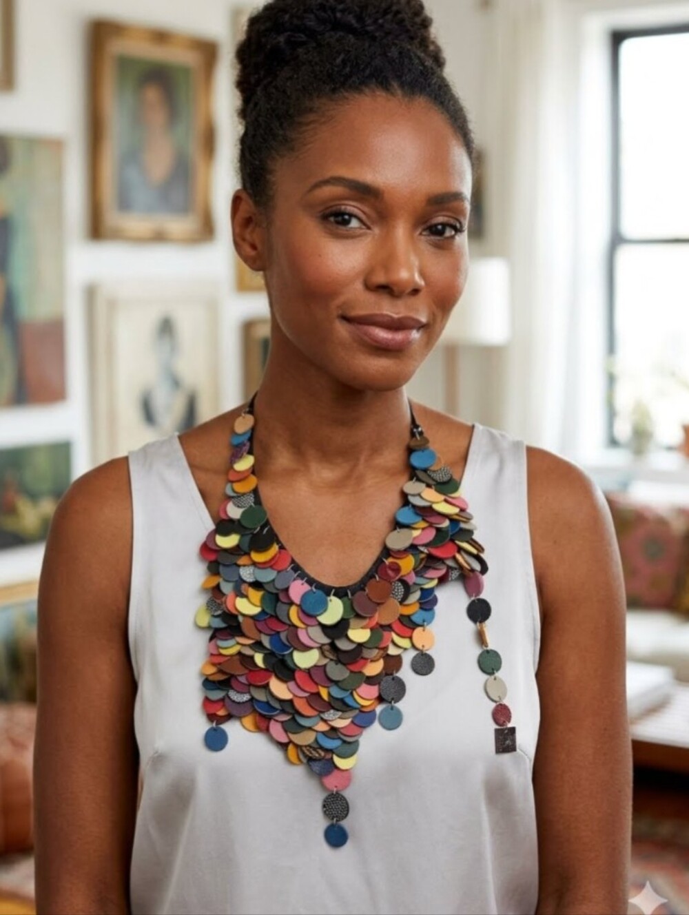 Artisan Handmade Multicolor Genuine Leather Sequin Paillettes Statement Necklace